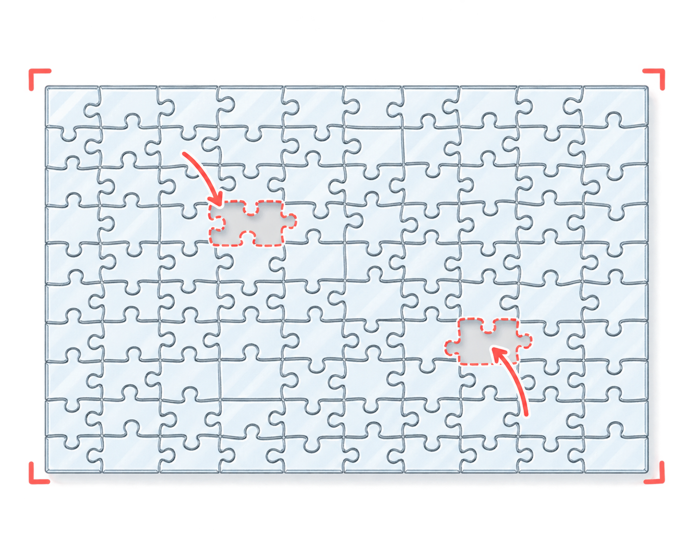 Example overhead photo showing the entire clear puzzle, all four corners, and one visible missing-piece opening